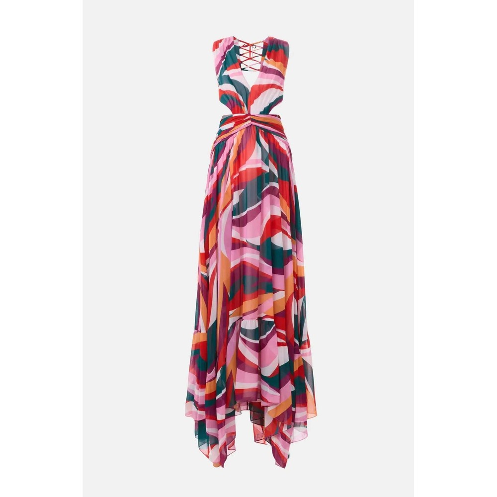 PatBO Delos Plunge Dress Maxi Backless 10, Tropical Colorful Resort Gown FLAW